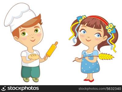 Boy baker holding a rolling pin and bread, girl holding wheat. Isolated on a white background