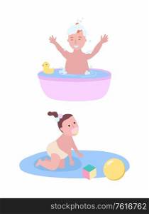 Boy bathing in small pool with rubber duck and girl on blanket with ball and cube toy isolated cartoon children. Vector one year kids, infant toddlers. Boy Bathing in Small Pool and Girl Crawling on Rug