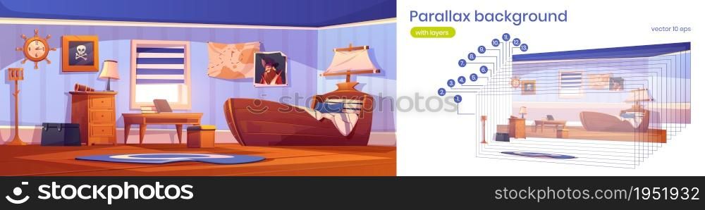 Boy bedroom in pirate thematic with ship bed, captain portrait and skull picture on wall. Vector parallax background with cartoon interior of empty kids room with spyglass and steering wheel clock. Parallax background with bedroom in pirate style