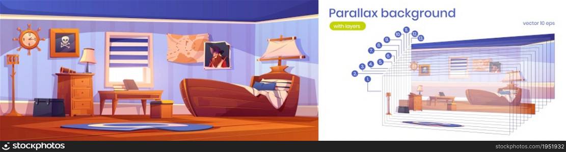 Boy bedroom in pirate thematic with ship bed, captain portrait and skull picture on wall. Vector parallax background with cartoon interior of empty kids room with spyglass and steering wheel clock. Parallax background with bedroom in pirate style