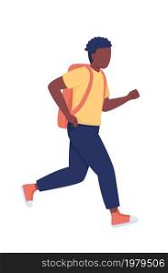 Boy being late to classes semi flat color vector character. Running figure. Full body person on white. Chronically late kid isolated modern cartoon style illustration for graphic design and animation. Boy being late to classes semi flat color vector character