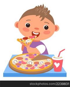 Boy bite pizza slice. Kid eating at table isolated on white background. Boy bite pizza slice. Kid eating at table