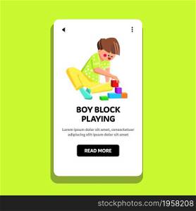 Boy Block Playing Game In Kindergarten Vector. Child Boy Block Playing Toy On Children Room Floor. Cheerful Character Gaming Playful Time With Toy Constructor Web Flat Cartoon Illustration. Boy Block Playing Game In Kindergarten Vector
