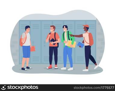 Boy bullied at school 2D vector isolated illustration. Peer pressure. Children mock and bully at high school flat characters on cartoon background. Teenager problem colourful scene. Boy bullied at school 2D vector isolated illustration