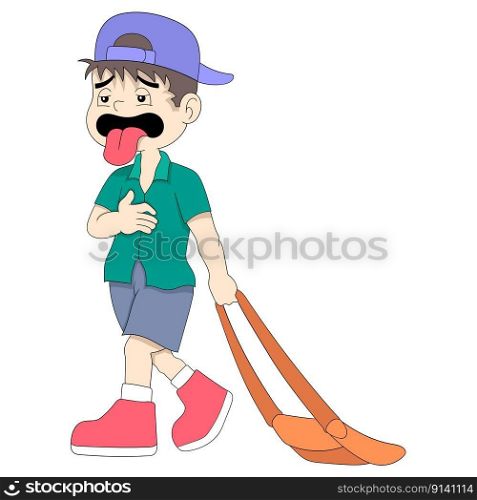boy came home from school limp because of hunger stomach ache. vector design illustration art