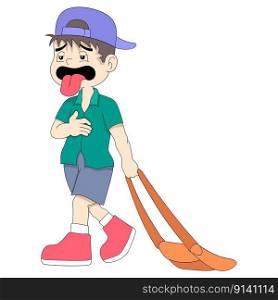 boy came home from school limp because of hunger stomach ache. vector design illustration art