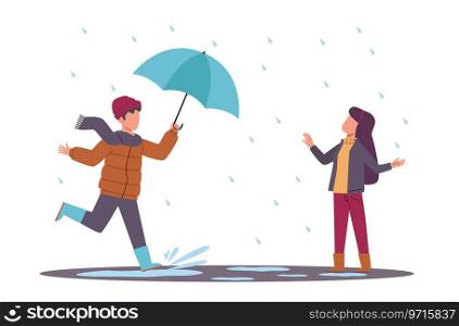 Boy carrying umbrella for girl in rain. Kind child with good manners offers help. Kids in warm autumn outdoor clothes walking on puddles. Cartoon flat style isolated illustration. Vector concept. Boy carrying umbrella for girl in rain. Kind child with good manners offers help. Kids in warm autumn outdoor clothes walking on puddles. Cartoon flat style isolated vector concept