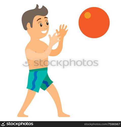 Boy catching ball, portrait view of smiling teenager wearing shorts, summer or beach activity, volleyball game, full length view of standing child vector. Teenager Catching Ball, Summer Vacation Vector