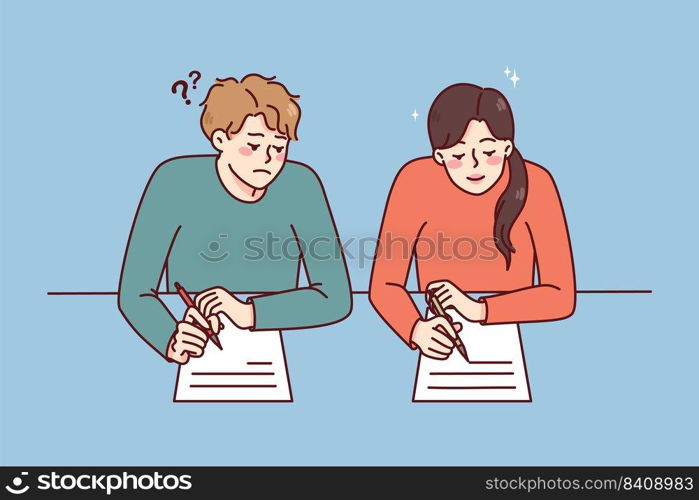 Boy cheating on school exam copy answers from female classmate. Schoolchildren with papers on examination during test. Flat vector illustration.. Boy cheating on school exam