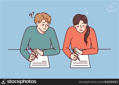 Boy cheating on school exam copy answers from female classmate. Schoolchildren with papers on examination during test. Flat vector illustration.. Boy cheating on school exam