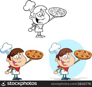 Boy Chef Holding A Pizza. Collection Set
