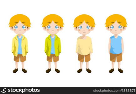 Boy Child Kid Standing Clothes Front View Vector Cartoon Set