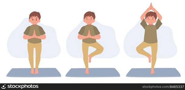 boy child practicing yoga, standing in Vrksasana exercise with namaste, Tree pose, working out.children and healthy lifestyle sport vector illustration.