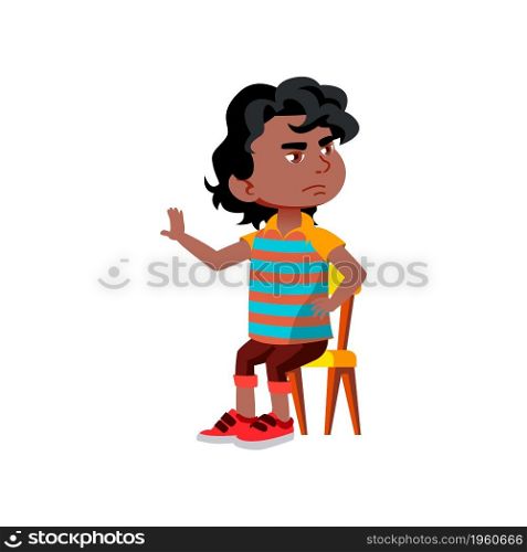 Boy Child Refusing Dish In Kindergarten Vector. African Kid Sitting On Chair And Refusing Meal In Canteen. Sad And Frustrated Character Infant Gesturing Refuse Flat Cartoon Illustration. Boy Child Refusing Dish In Kindergarten Vector