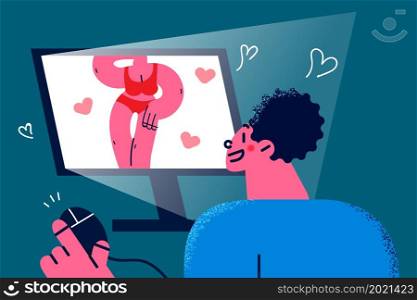 Boy child watch nudity video on internet on harmful website lack parent control. Children look at screen with censored only for adult content. Web safety and censorship. Flat vector illustration. . Child watch adult content on internet on computer