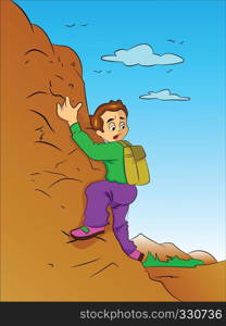 Boy Climbing a Mountain, vector illustration
