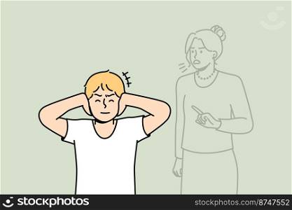 Boy closes ears not to hear voice of his mother or teacher scolding him. Schoolboy feels like he is constantly being criticized. Psychological pressure in family. Vector outline colorful illustration.. Boy closes ears not to hear voice of his mother.