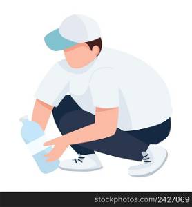 Boy collecting plastic bottle on beach semi flat color vector character. Sitting figure. Full body person on white. Simple cartoon style illustration for web graphic design and animation. Boy collecting plastic bottle on beach semi flat color vector character