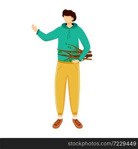 Boy collects firewood flat vector illustration. Camping activity, creating fire. Cheap travel choice. Active vacation. Budget tourism. Staying in forest isolated cartoon character on white background. Boy collects firewood flat vector illustration