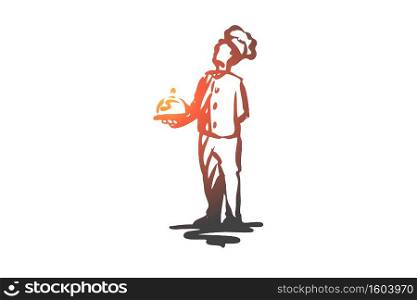 Boy, cook, dish, meal, food concept. Hand drawn boy cook demonstrates dish concept sketch. Isolated vector illustration.. Boy, cook, dish, meal, food concept. Hand drawn isolated vector.