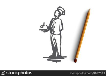 Boy, cook, dish, meal, food concept. Hand drawn boy cook demonstrates dish concept sketch. Isolated vector illustration.. Boy, cook, dish, meal, food concept. Hand drawn isolated vector.