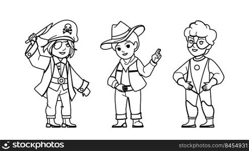 boy costume vector. child little kid hero, pirate, cowboy, person party art boy costume character. people black line pencil drawing vector illustration. boy costume vector