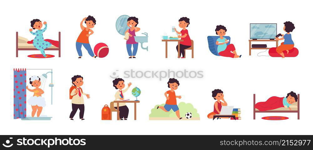 Boy daily activities. Activity child, day schedule young guy. Isolated active kid morning, hygiene and study. Person routine decent vector scenes. Illustration of kid schedule, active boy routine. Boy daily activities. Activity child, day schedule young guy. Isolated active kid morning, hygiene and study. Person routine decent vector scenes