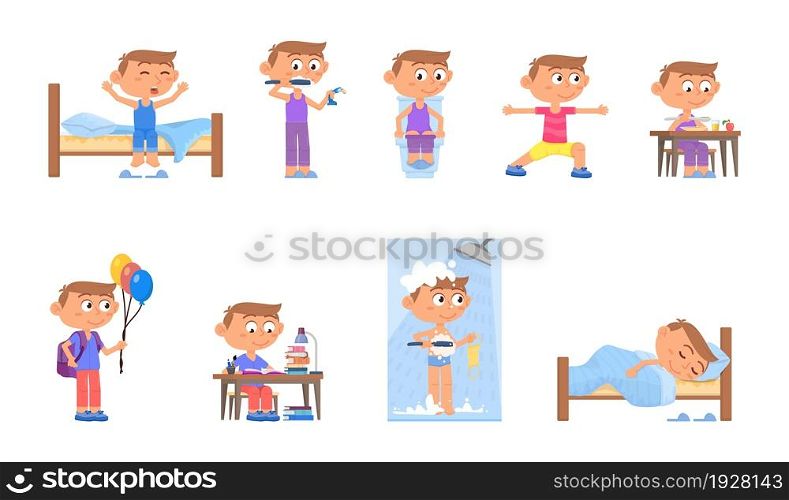 Boy daily activities. Cartoon kid routine, active morning kid. Child studying, eating and wake up. Bed time and children hygiene vector set. Illustration of boy lifestyle daily, breakfast and activity. Boy daily activities. Cartoon kids routine, active morning kid. Child studying, eating and wake up. Bed time and children hygiene decent vector set