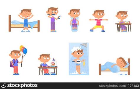 Boy daily activities. Cartoon kid routine, active morning kid. Child studying, eating and wake up. Bed time and children hygiene vector set. Illustration of boy lifestyle daily, breakfast and activity. Boy daily activities. Cartoon kids routine, active morning kid. Child studying, eating and wake up. Bed time and children hygiene decent vector set
