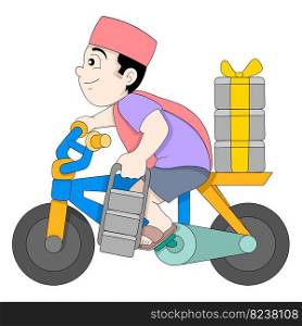 Boy delivery courier on a bicycle delivering food to customers. vector design illustration art