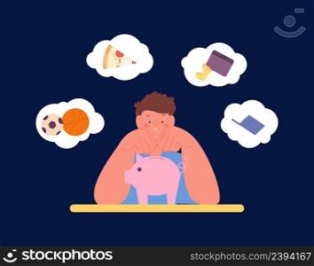 Boy dream with piggy bank. Child and finance, home banking. Kid think about food, gadgets and balls. Person saved up money and wants spend, vector concept. Illustration savings to future. Boy dream with piggy bank. Child and finance, home banking. Kid think about food, gadgets and balls. Person saved up money and wants spend, vector concept
