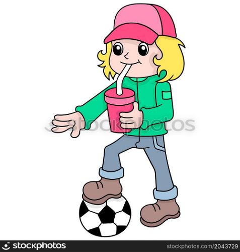 boy drinking ice and bring soccer ball