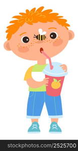 Boy drinking sweet juice or soda with straw. Funny cartoon character isolated on white background. Boy drinking sweet juice or soda with straw. Funny cartoon character