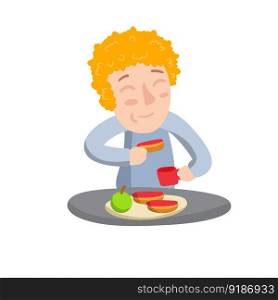 Boy eat Breakfast with sandwiches, Apple and tea in mug. Child at table. Food and element of kitchen. Happy character. Flat cartoon illustration. Boy eat Breakfast with sandwiches,
