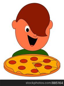Boy eating pizza, illustration, vector on white background.