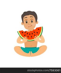 Boy eating watermelon, holding slice of summer fruit, sitting teenager in blue shorts, character with full cheeks, child enjoying healthy food vector. Teenager Eating Watermelon, Summer Fruit Vector
