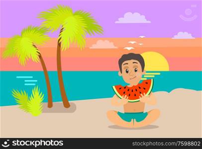 Boy eating watermelon on beach, teenager with full cheeks holding slice of summer fruit, sitting teenager in blue shorts, vector cartoon character at sunset. Kid Eating Watermelon on Beach, Summertime Vector