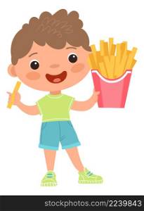 Boy eats french fries. Tasty snack for kids isolated on white background. Boy eats french fries. Tasty snack for kids