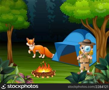 Boy explorer c&ing in the forest and a fox near the tent 