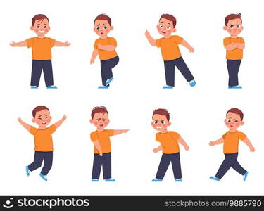 Boy expressions. Cartoon little kid character laughing and crying or afraid, sad or cheerful mood. Cute child in various poses, isolated person waves hands and points fingers. Vector emotions set. Boy expressions. Cartoon little kid character laughing and crying, child with different emotions, sad happy and confused expressions. Vector cute comic kid set