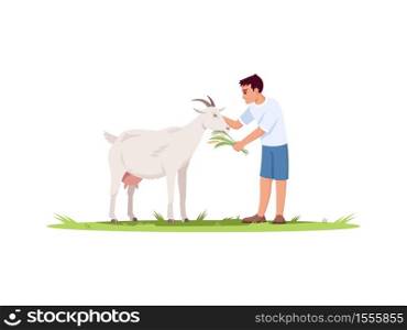 Boy feed goat semi flat RGB color vector illustration. Kid with domestic animal. Farm pet on ground with grass. Farmland wildlife. Child on vacation isolated cartoon character on white background. Boy feed goat semi flat RGB color vector illustration