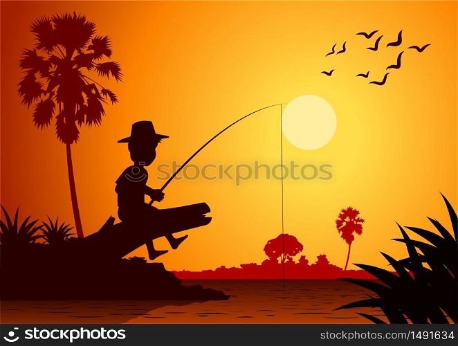 boy fishing happily around with country rural life in silhouette style,vector illustration