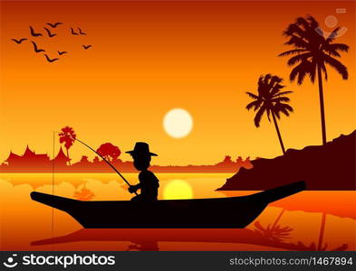 boy fishing on boat in river pond to catch fish,around with nature of country life,vector illustration