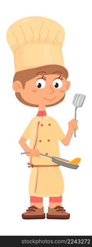 Boy frying pancakes. Chef kid with fry pan and slotted turner. Vector illustration. Boy frying pancakes. Chef kid with fry pan and slotted turner