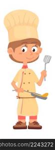 Boy frying pancakes. Chef kid with fry pan and slotted turner. Vector illustration. Boy frying pancakes. Chef kid with fry pan and slotted turner