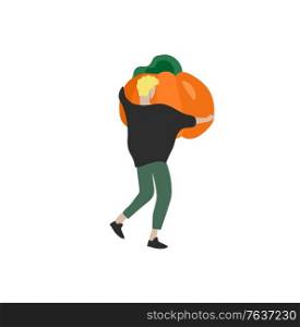 Boy gathering crops or seasonal harvest, collecting ripe pumpkin. Men work on a farm. Agricultural worker in autumn. Cartoon vector illustration. Boy gathering crops or seasonal harvest, collecting ripe pumpkin. Men work on a farm. Agricultural worker in autumn. Cartoon vector