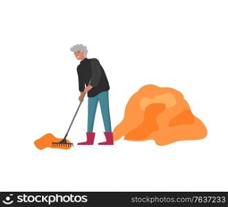 Boy gathering crops or seasonal harvest, remove leaves. Men work on a farm. Agricultural workers in autumn. Cartoon vector illustration. Boy gathering crops or seasonal harvest, remove leaves. Men work on a farm. Agricultural workers in autumn. Cartoon vector