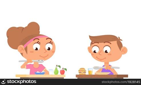Boy girl eating. Family eat, home healthy food. Cartoon sister and brother at table, breakfast lunch or dinner time. School canteen decent vector scene. Illustration of boy and girl eating. Boy girl eating. Family eat, home healthy food. Cartoon sister and brother at table, breakfast lunch or dinner time. School canteen decent vector scene