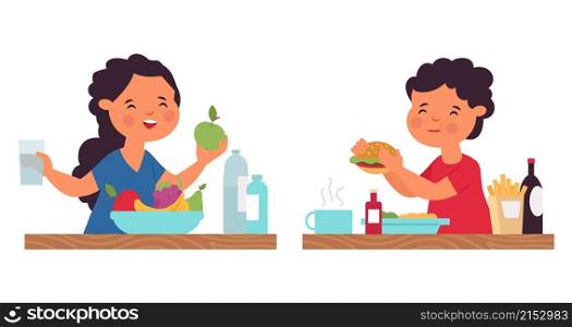 Boy girl eating. Person eat, healthy breakfast. Cartoon kids on lunch or dinner. Child with fruits and fast food, baby drink water vector concept. Gir and boy lunch breakfast, fast food and healthy. Boy girl eating. Person eat, healthy breakfast. Cartoon kids on lunch or dinner. Child with fruits and fast food, baby drink water decent vector concept