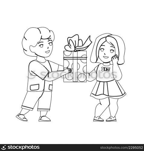 Boy Give Gift To Girl Friend On Birthday Black Line Pencil Drawing Vector. Schoolboy Giving Schoolgirl Gift Box On Christmas Party Event Or Valentine Day. Characters Schoolchildren With Present. Boy Give Gift To Girl Friend On Birthday Vector